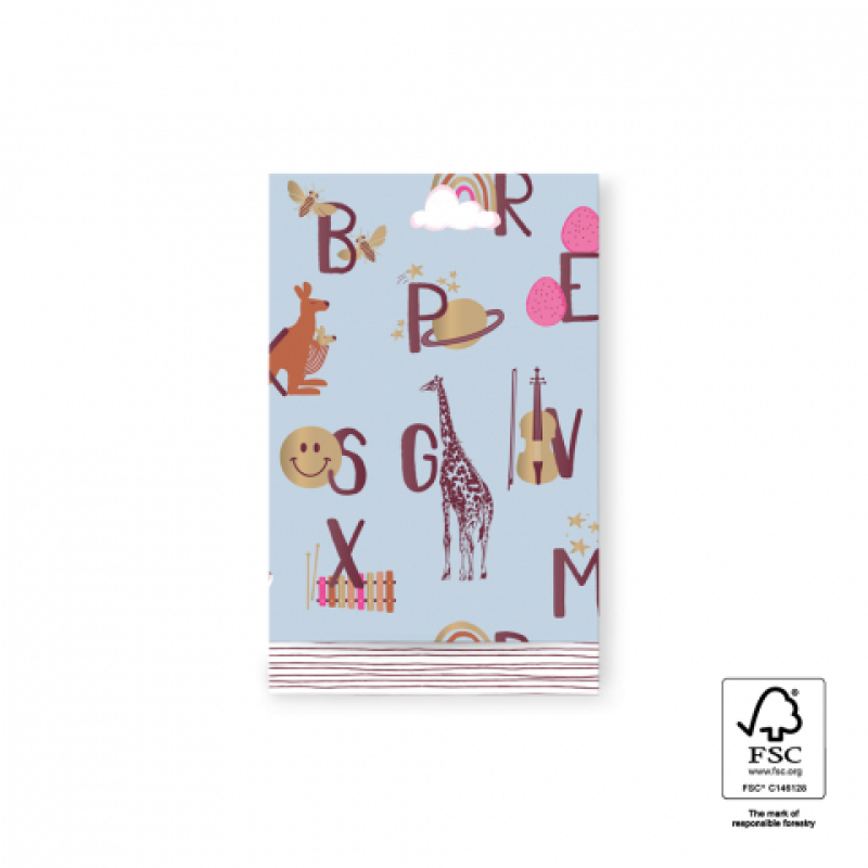 Kadozakje | alfabetdessin | licht blauw/goud | M 12x19 cm | 5 stuks