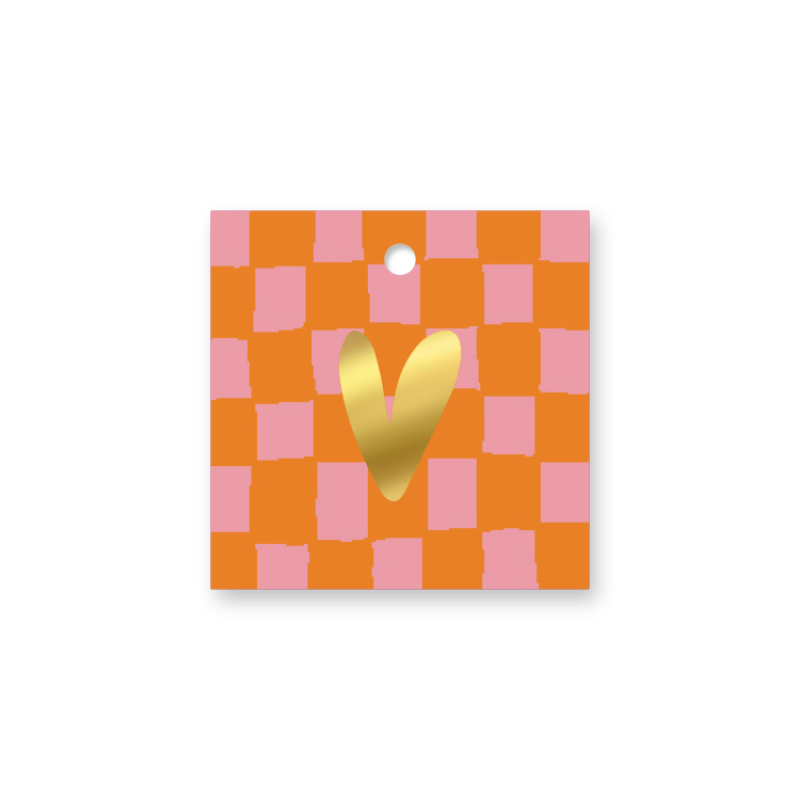 Kadolabel | Vierkant 60x60mm | Hart + Blokken Grid | Roze/oranje | Goudfolie