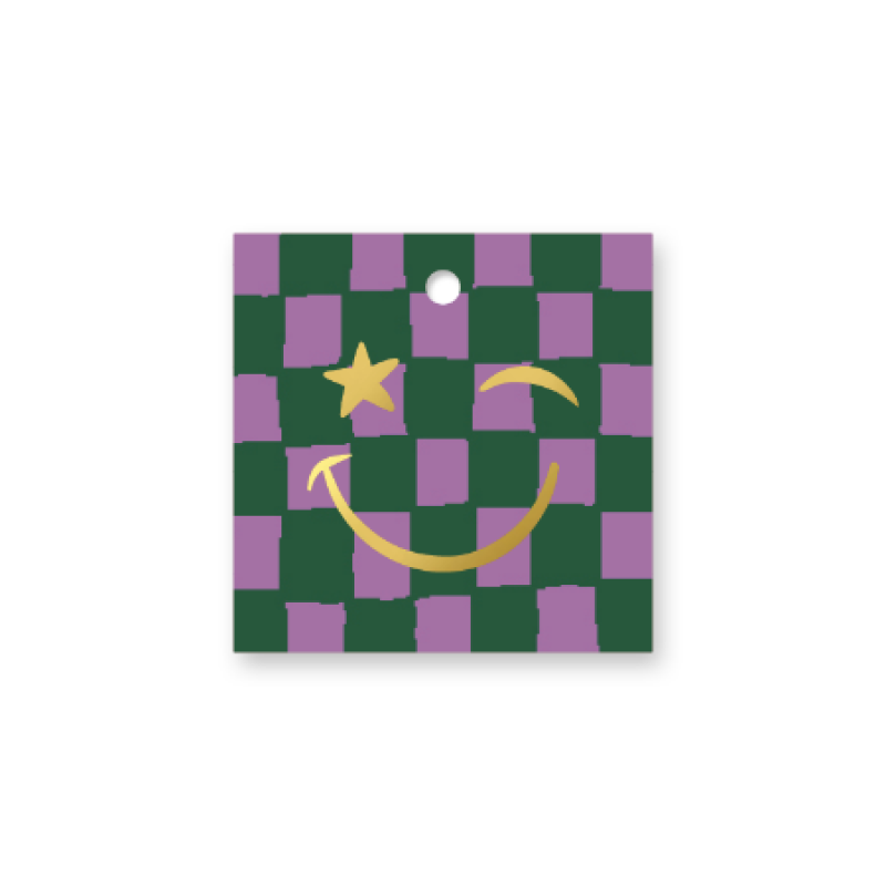 Kadolabel | Vierkant 60x60mm | Smiley + Blokken Grid | Groen/Paars | Goudfolie
