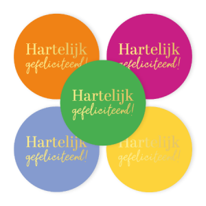 Sluitstickers | Hartelijk gefeliciteerd (rond 50 mm) | assorti | 10 stuks