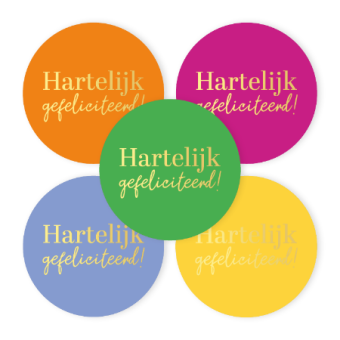 Sluitstickers | Hartelijk gefeliciteerd (rond 50 mm) | assorti | 10 stuks
