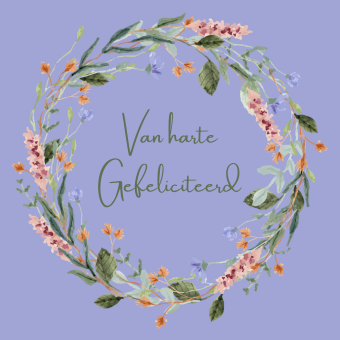 Wenskaart | Van harte gefeliciteerd | bloemenring paars