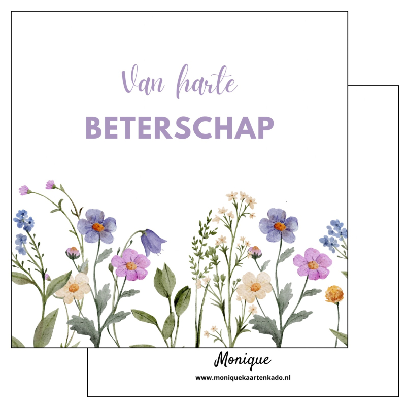 Wenskaart | Van harte beterschap | Bloemenrand lila