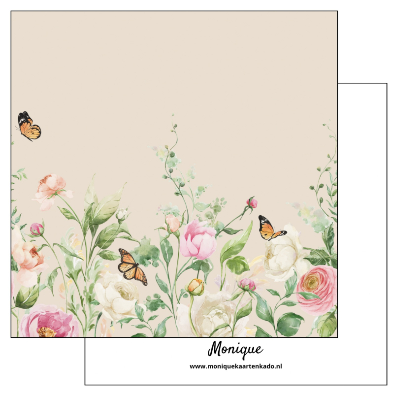 Wenskaart | Bloemen en vlinders | Beige