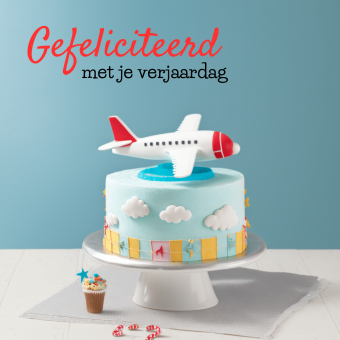 Wenskaart | Gefeliciteerd met je verjaardag | vliegtuig op taart