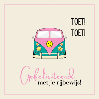Wenskaart | Gefeliciteerd rijbewijs | Bus groen/roze