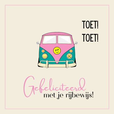 Wenskaart | Gefeliciteerd rijbewijs | Bus groen/roze