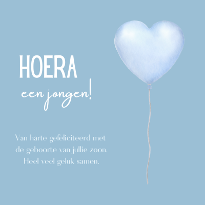 Wenskaart | Hoera een jongen | hart ballon