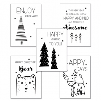 Set van 5 kerstkaarten | Zwart/wit